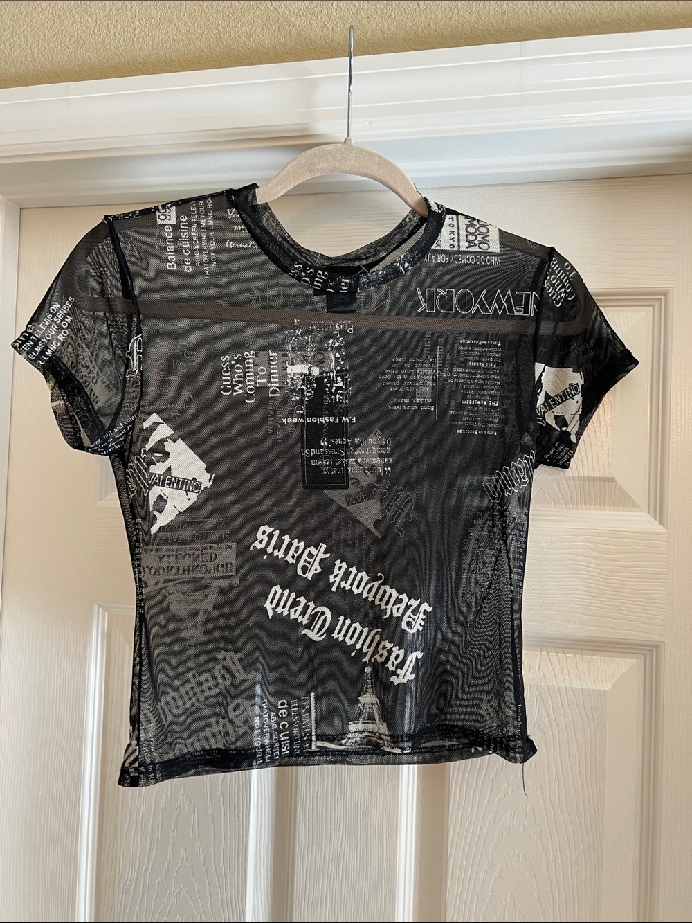 Just Polly Black & White Sheer Graphic Mesh Crop Top - Medium